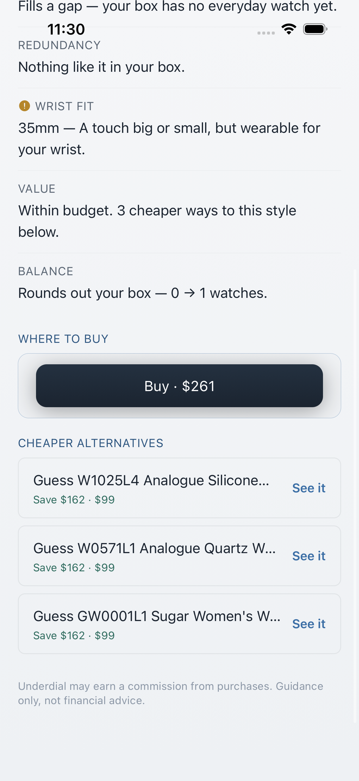 Cheaper alternatives list showing lower-priced watches in the same archetype with savings amounts