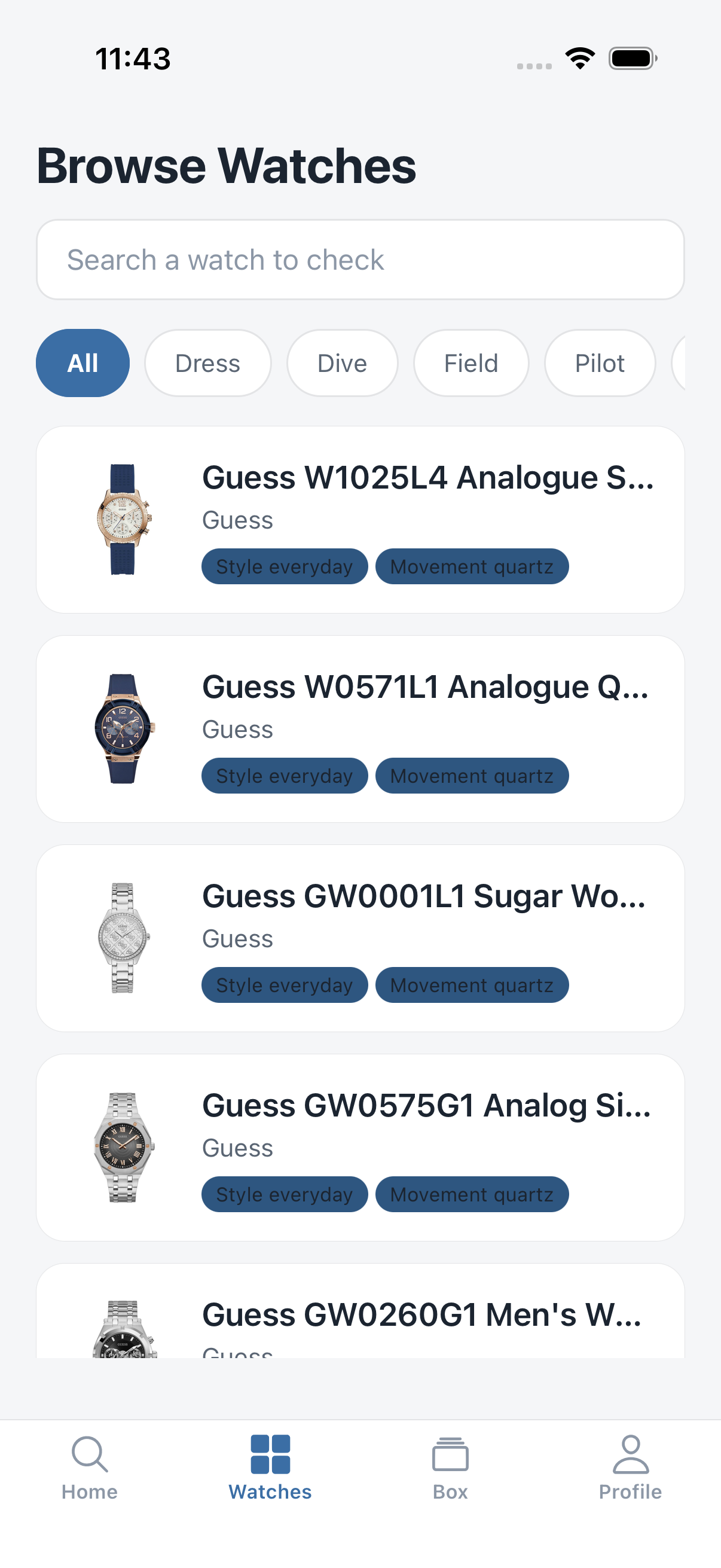 Browse screen showing the filterable catalog of watches under $1,000
