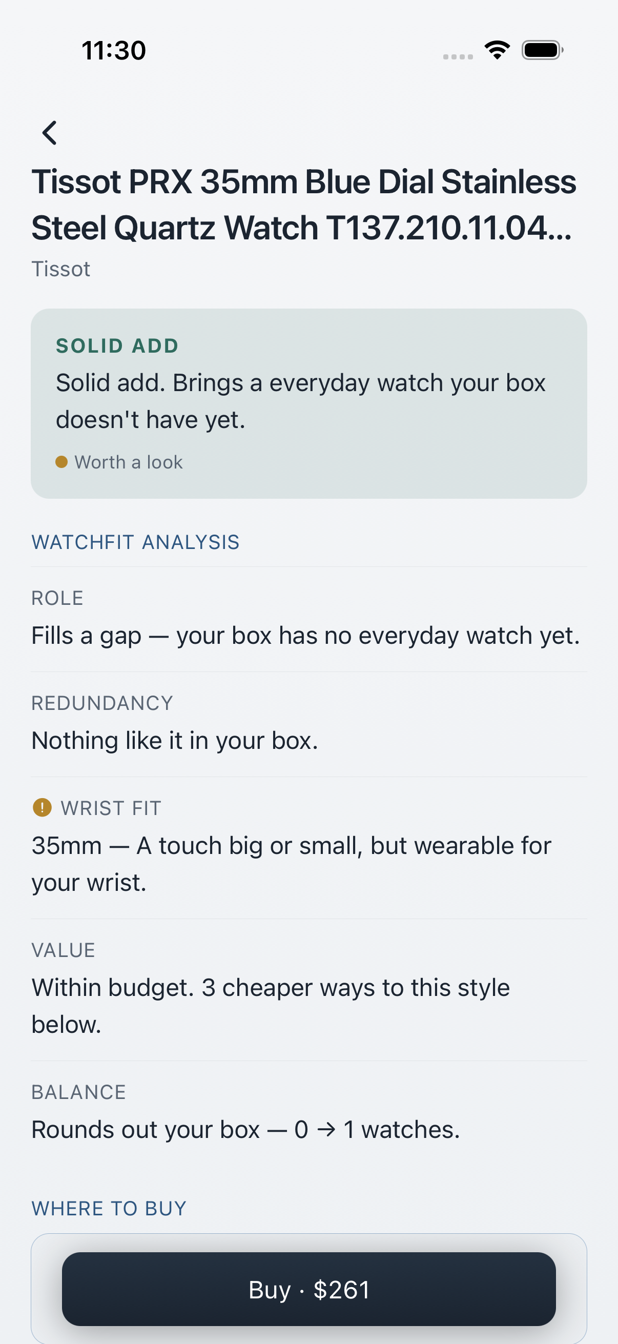 Underdial WatchFit check screen showing a verdict for a searched watch with the reasoning behind it