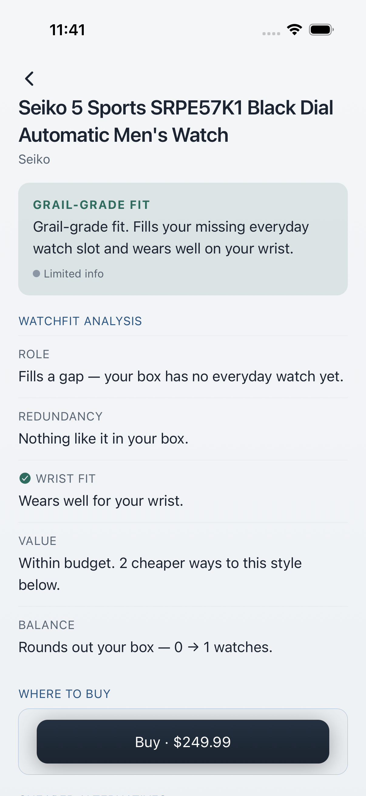 Redundancy flag showing a watch that duplicates an archetype already in the user's box